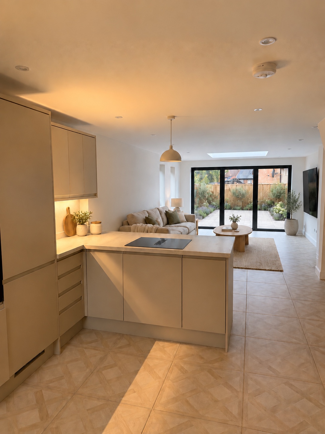 Open plan kitchen and living space opening to a garden