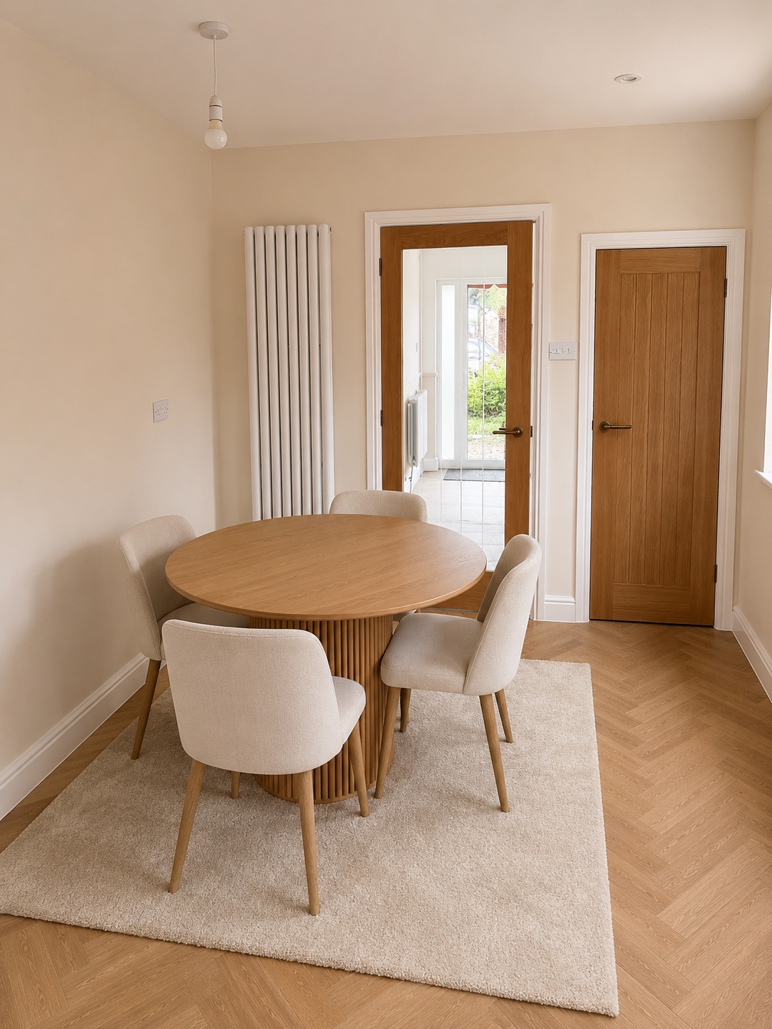 Refurbished dining area with timber doors and herringbone flooring