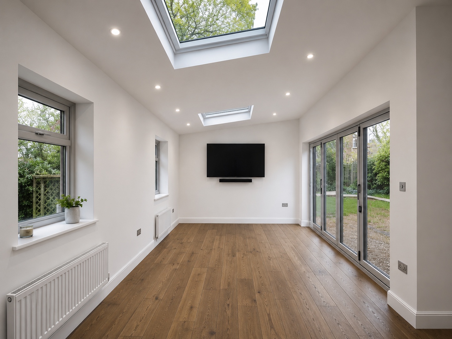 Bright rear extension with rooflights and glazed garden doors