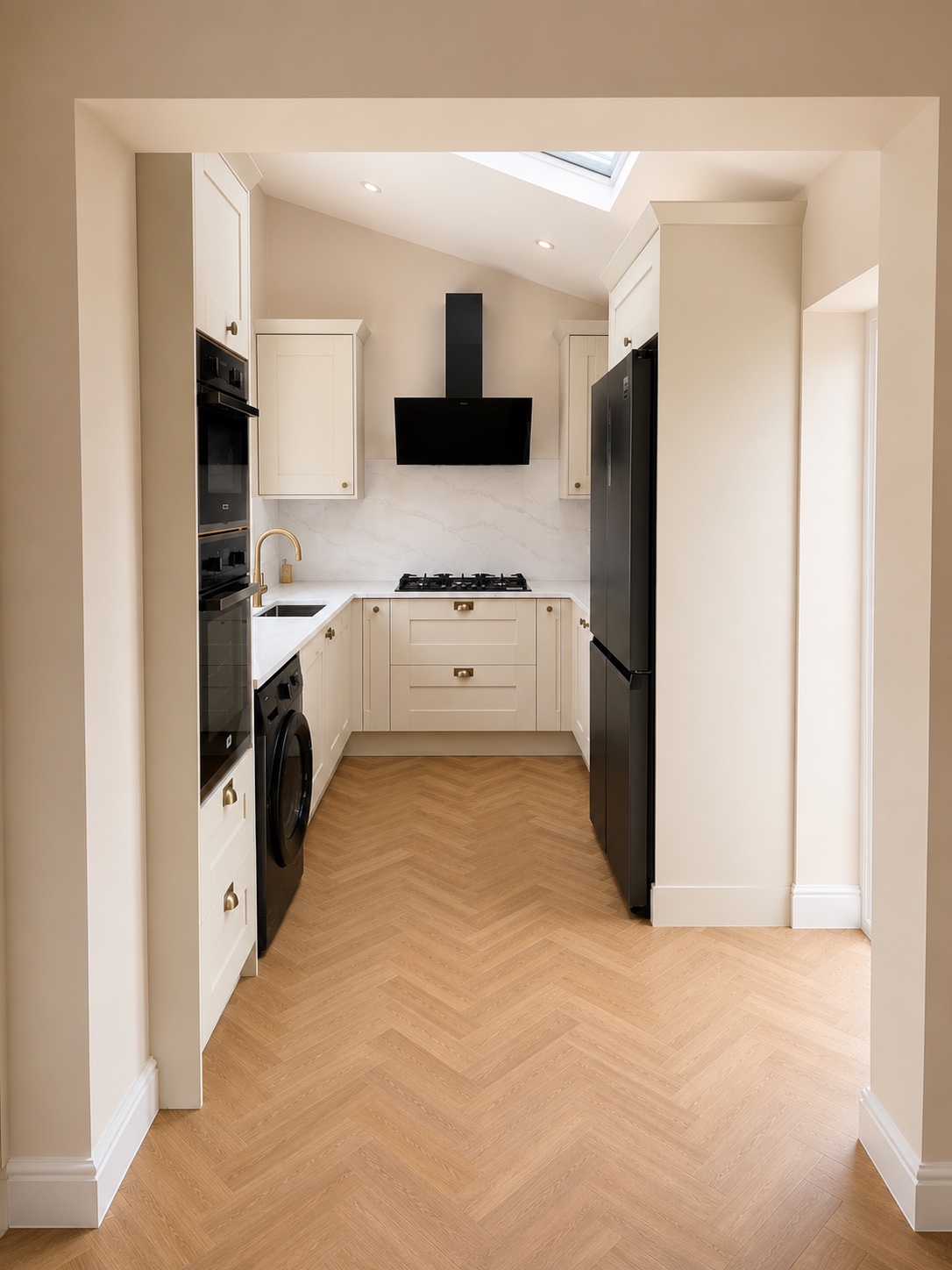 Fitted kitchen with rooflight and herringbone floor